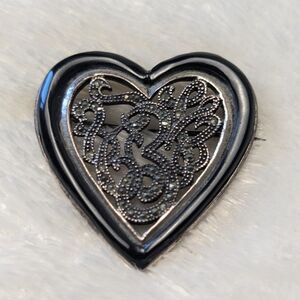 Vintage Sterling silver heart brooch with black onyx and marcasite stones